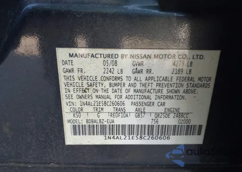 2008 Nissan Altima 2.5 S from USA, damaged, VIN 1N4AL21E58C260606